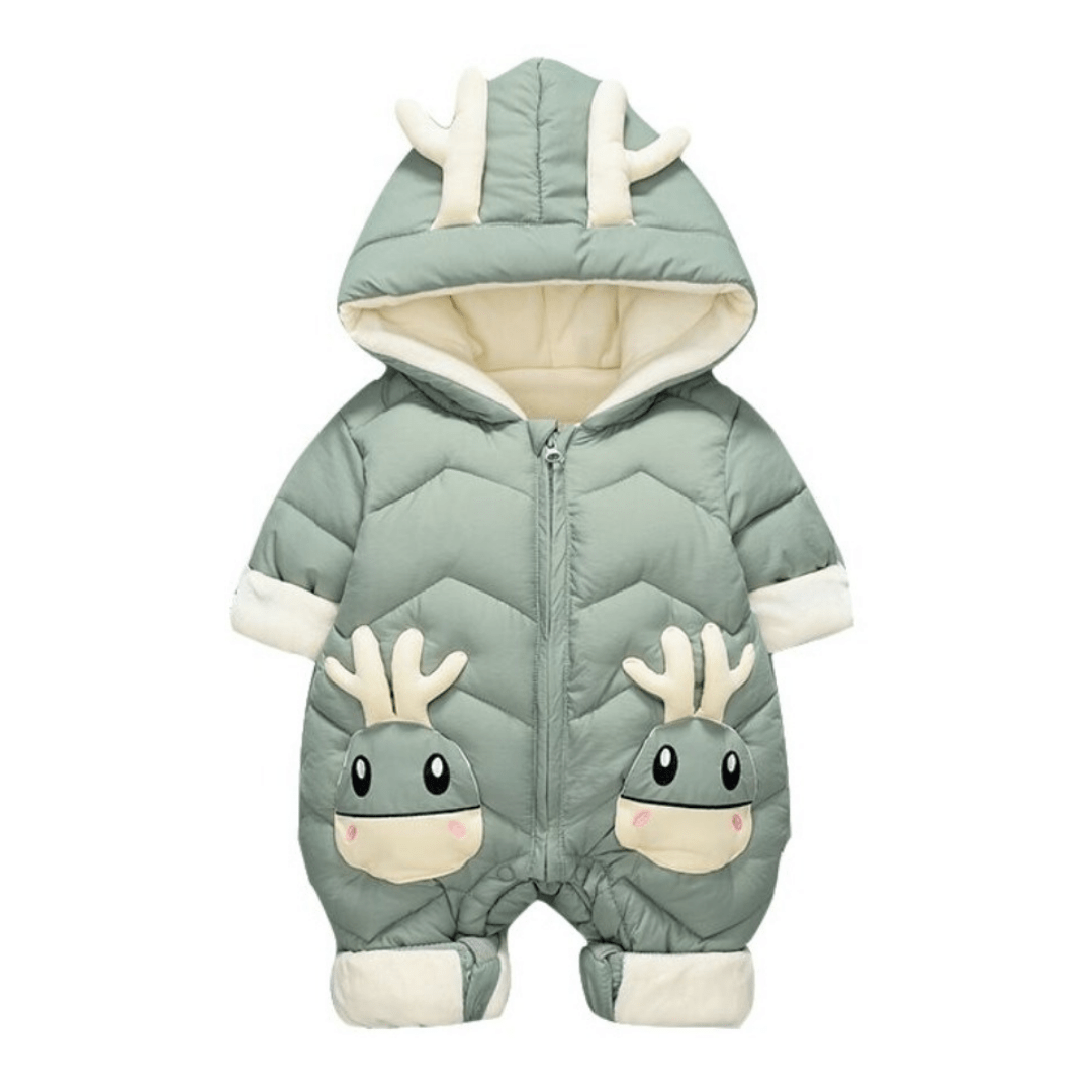 Newborn essentials: Baby cartoon elk hooded waterproof parka jumpsuit, side view, warm winter romper