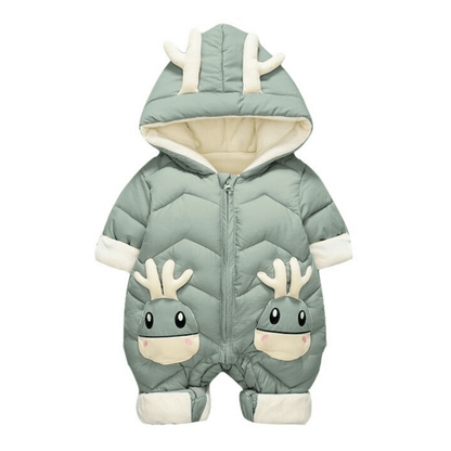 Newborn essentials: Baby cartoon elk hooded waterproof parka jumpsuit, side view, warm winter romper