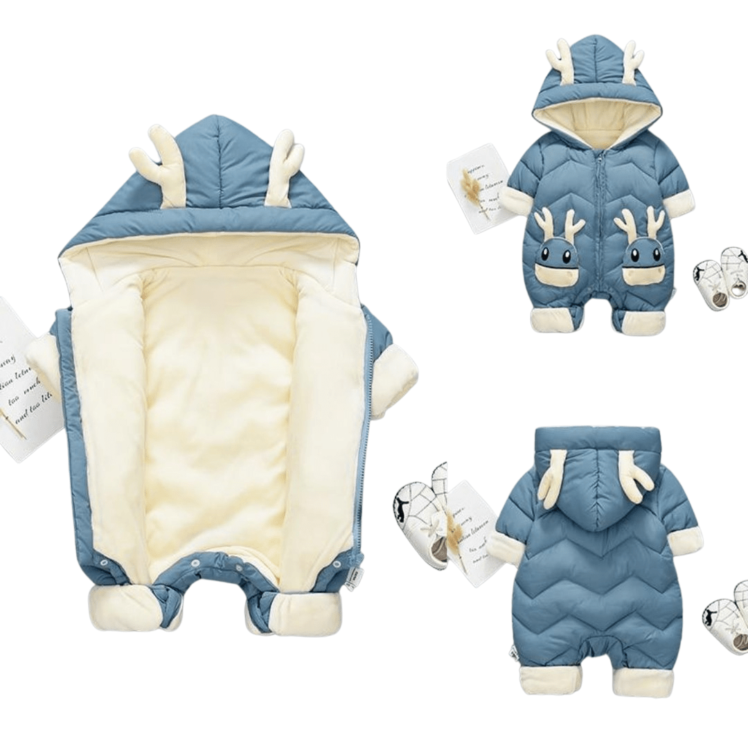 Close-up of the cartoon elk hood on a baby waterproof parka jumpsuit, infant winter outerwear