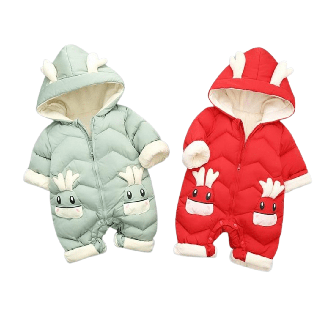 Baby in a cozy baby clothes cartoon elk hooded waterproof jumpsuit, playing, full-body snowsuit
