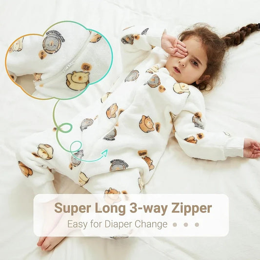 Baby cartoon flannel sleeping bag with animal design, extra warm for winter sleep