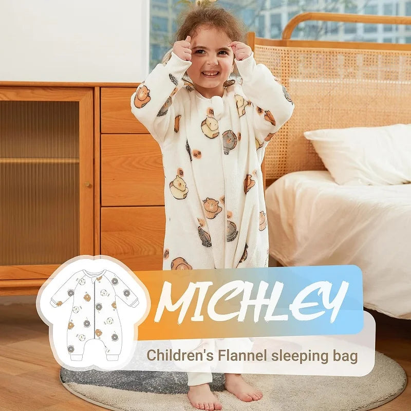 Adorable cartoon flannel sleeping bag for baby, perfect for cold weather sleeping