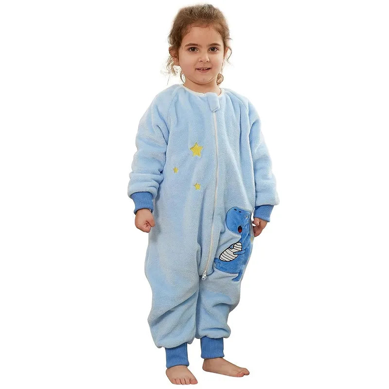 Warm flannel sleeping bag for baby, featuring a playful cartoon design, easy care