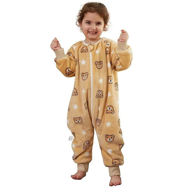 Cozy baby flannel sleeping bag with cartoon accents, perfect for winter sleep