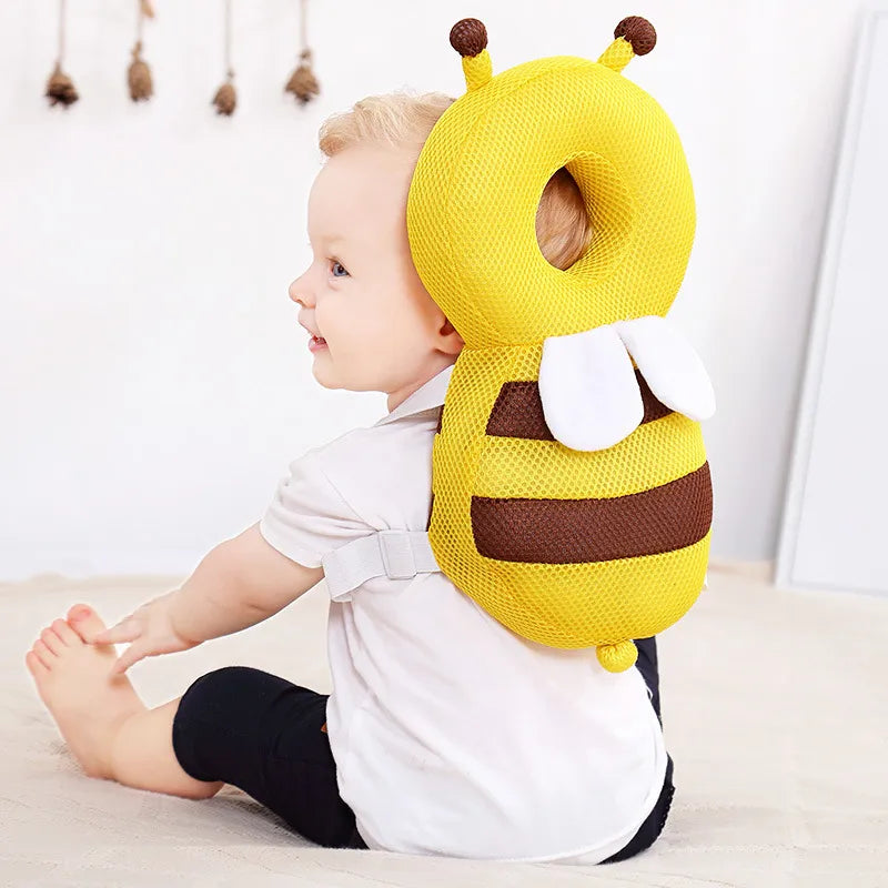 Baby comfort and safety: plush cartoon head cushion, back protector for active toddlers.