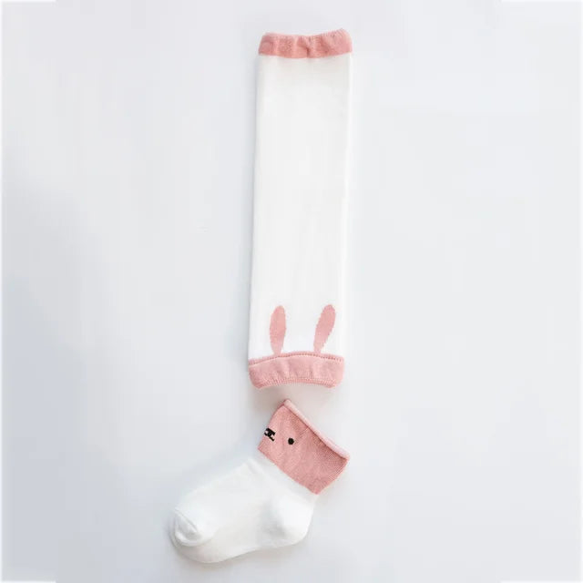 Soft cotton baby knee pad leg warmers with playful cartoon designs, toddler wear