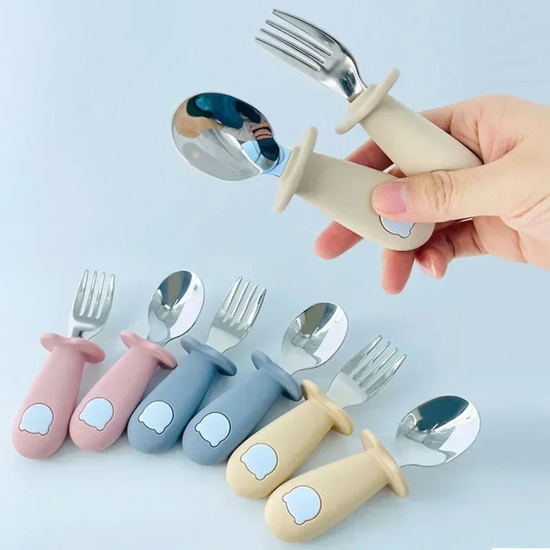 Baby cartoon stainless steel spoon and fork set with animal handles for toddlers, BPA-free dinnerware