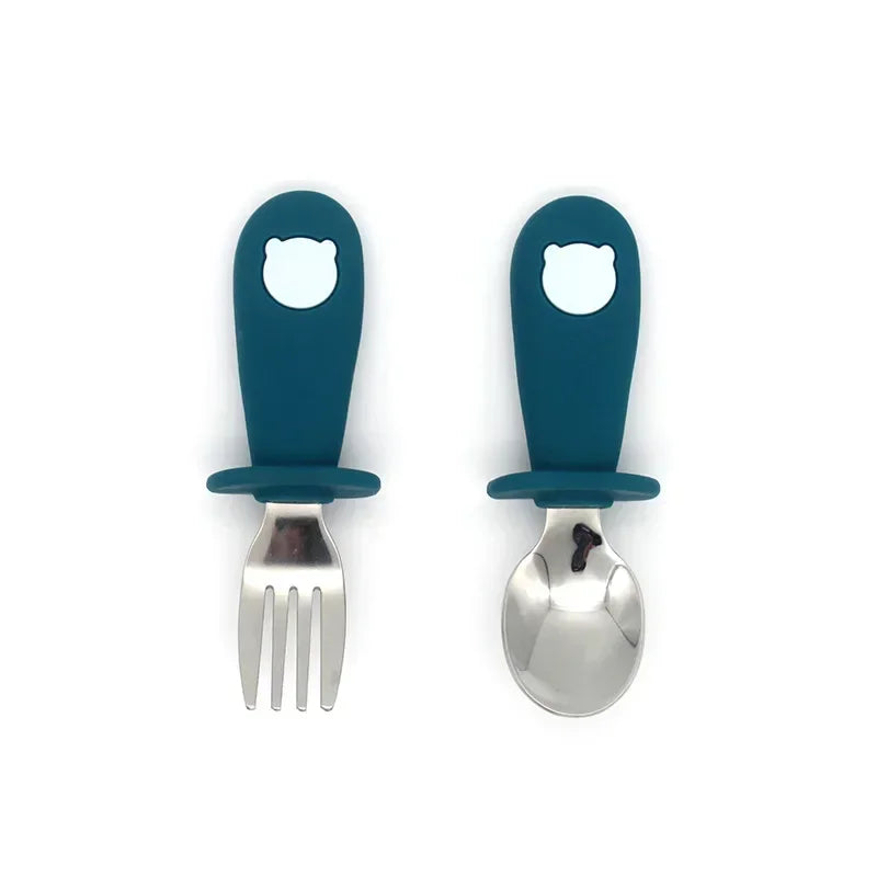 Colorful cartoon stainless steel utensil set for toddlers, perfect for self-feeding, BPA-free