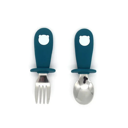 Colorful cartoon stainless steel utensil set for toddlers, perfect for self-feeding, BPA-free