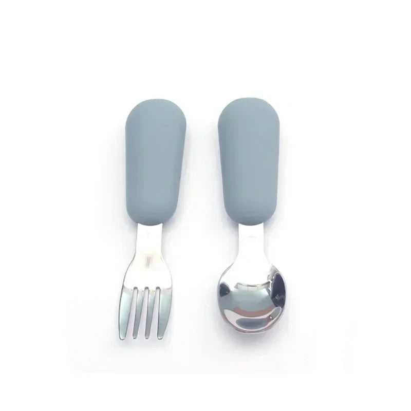Cute cartoon animal designed stainless steel spoon and fork set, ideal for baby-led weaning
