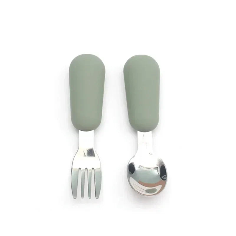 Kids' feeding set: Two cartoon stainless steel utensils – spoon and fork with unique animal designs
