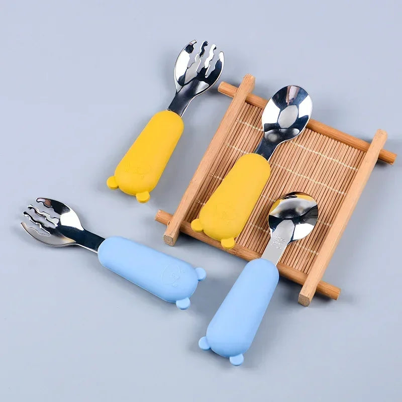 BPA-free toddler utensil set, cartoon stainless steel spoon and fork with silicone animal grips