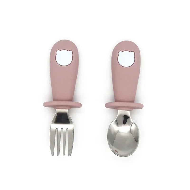 Baby dinnerware: Ergonomic stainless steel spoon and fork with easy-grip cartoon handles, 1st cutlery