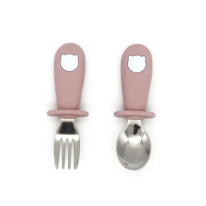 Baby dinnerware: Ergonomic stainless steel spoon and fork with easy-grip cartoon handles, 1st cutlery