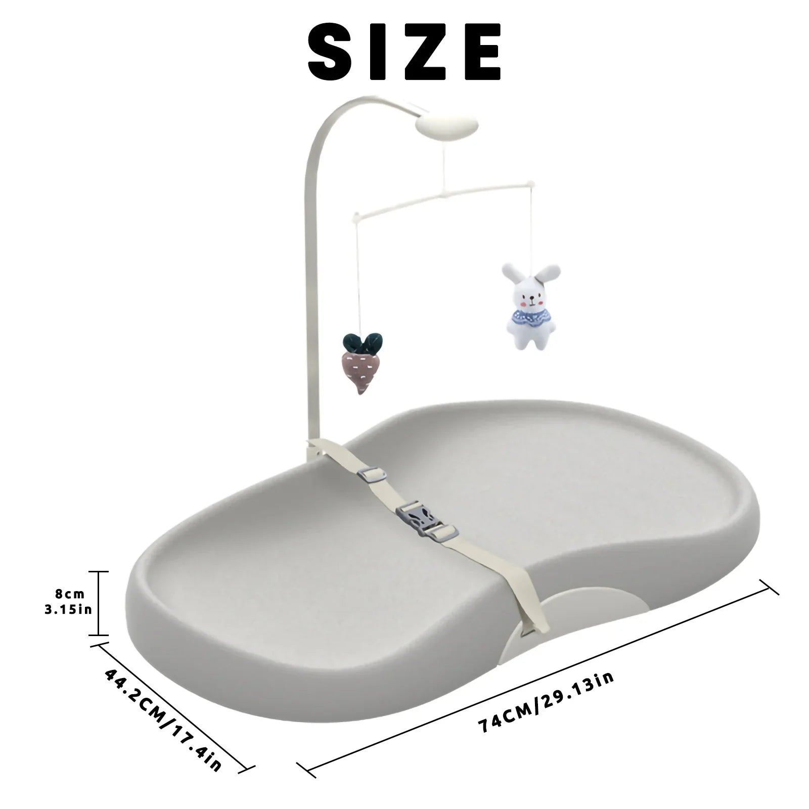 Portable baby changing pad featuring a secure safety strap and attached toy bar for engaging infants.