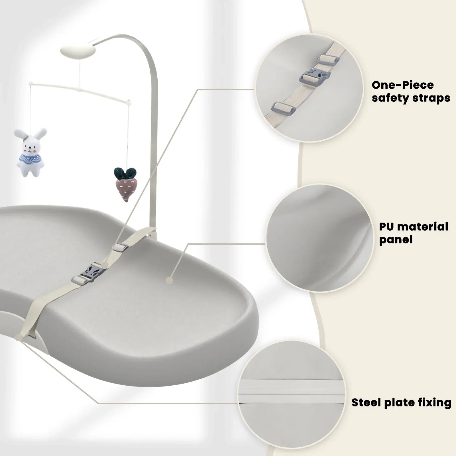 Wipe-clean baby changing pad with safety strap and playful toy bar, ideal for baby care and diaper duty.