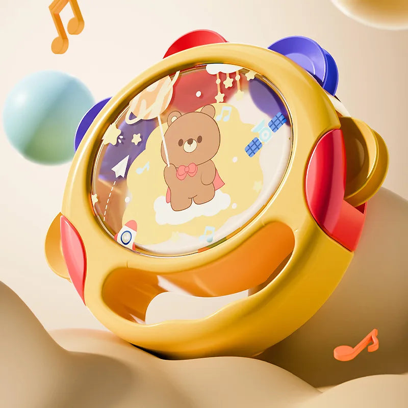 Close-up of a colorful baby tambourine musical toy, designed for infant sensory play and development