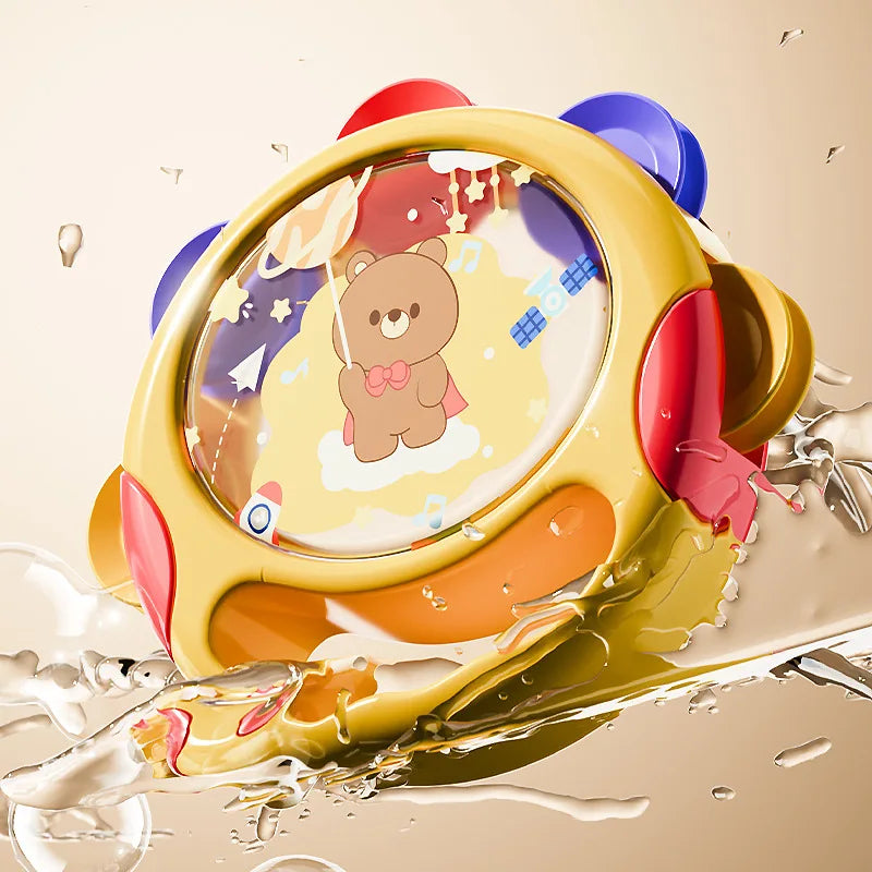 A vibrant, BPA-free baby tambourine toy with an easy-grip handle, enhancing sensory and motor skills