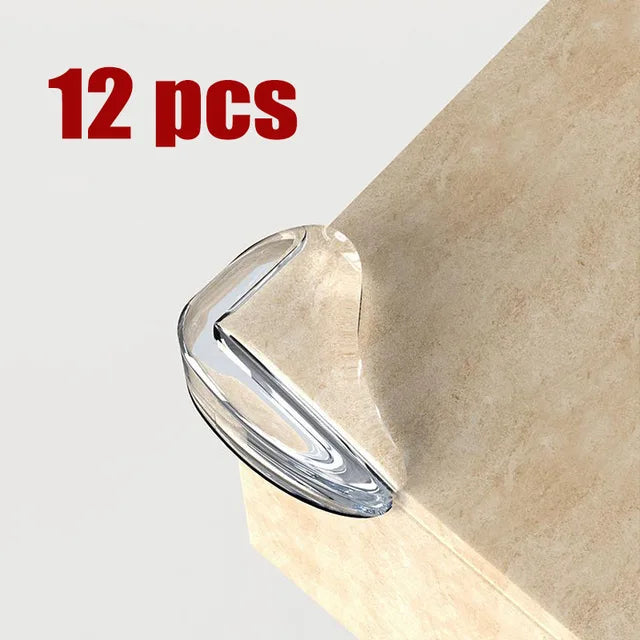 Home safety solution: a set of clear baby corner protectors applied to a fireplace hearth, child safe