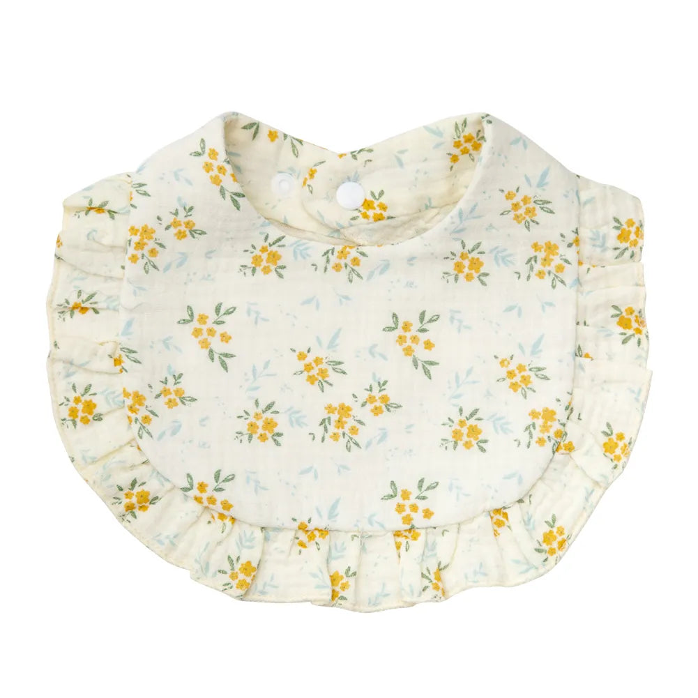Collection of various flower print cotton baby bibs, each with an adjustable snap, perfect for gifting.