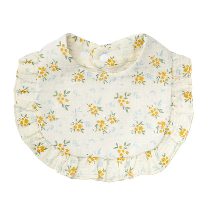 Collection of various flower print cotton baby bibs, each with an adjustable snap, perfect for gifting.