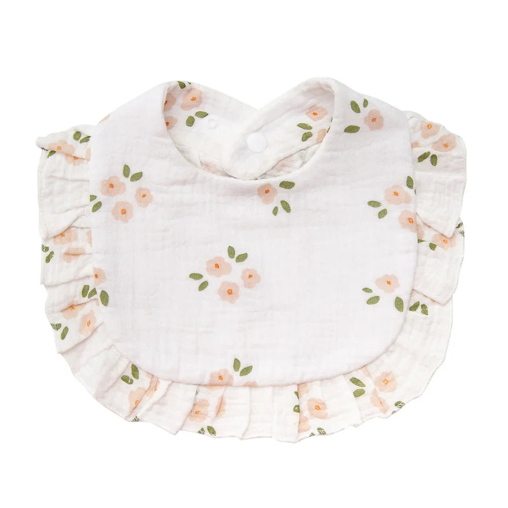Cute flower print cotton bib for baby girls, featuring an easy-to-use adjustable snap closure.