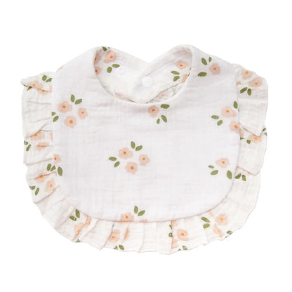 Cute flower print cotton bib for baby girls, featuring an easy-to-use adjustable snap closure.