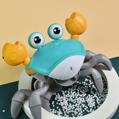 Bright orange musical crab toy, encouraging baby mobility with fun lights and sounds