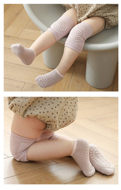 Detailed view of the anti-slip grips on the bottom of infant socks & baby knee pads.