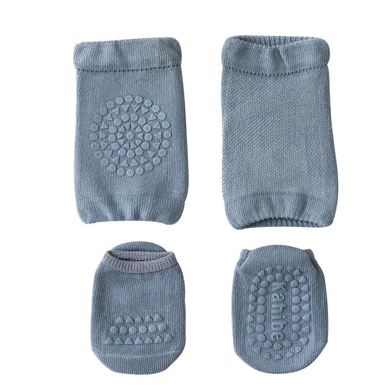 Cotton blend baby knee pads and anti-skid socks, essential for infant crawling protection.