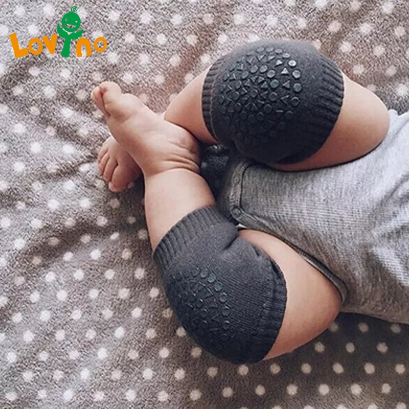 Baby crawling knee pads, soft cotton for infant knee protection, gray color.
