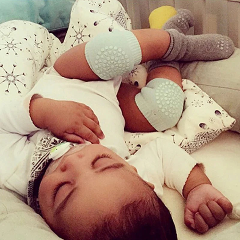 Infant knee pads with anti-slip dots, ensuring baby safety while crawling, light blue.