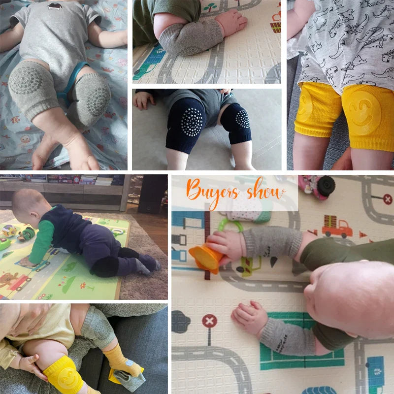 Ergonomic baby crawling protector for knees, durable and washable fabric, navy blue.