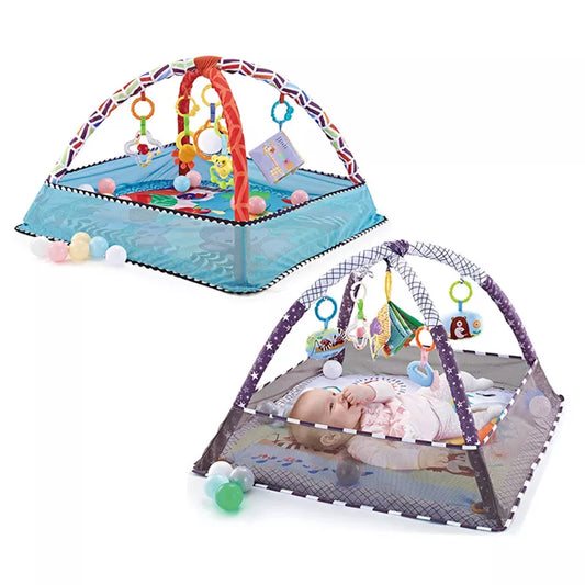 Baby crawling play mat & safety fence set with educational illustrations for safe infant play.