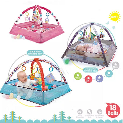 Soft baby play mat with integrated safety fence, featuring bright educational designs for tummy time.