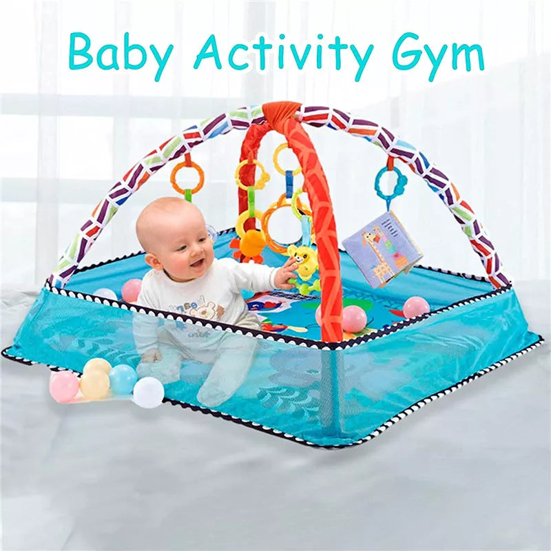 Infant crawling mat & safety fence in a nursery, showing a child safely playing on the soft surface.