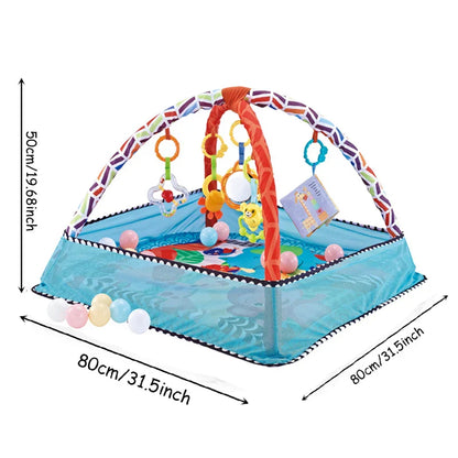 Close-up of a baby crawling mat texture with a soft surface and vibrant educational graphics.
