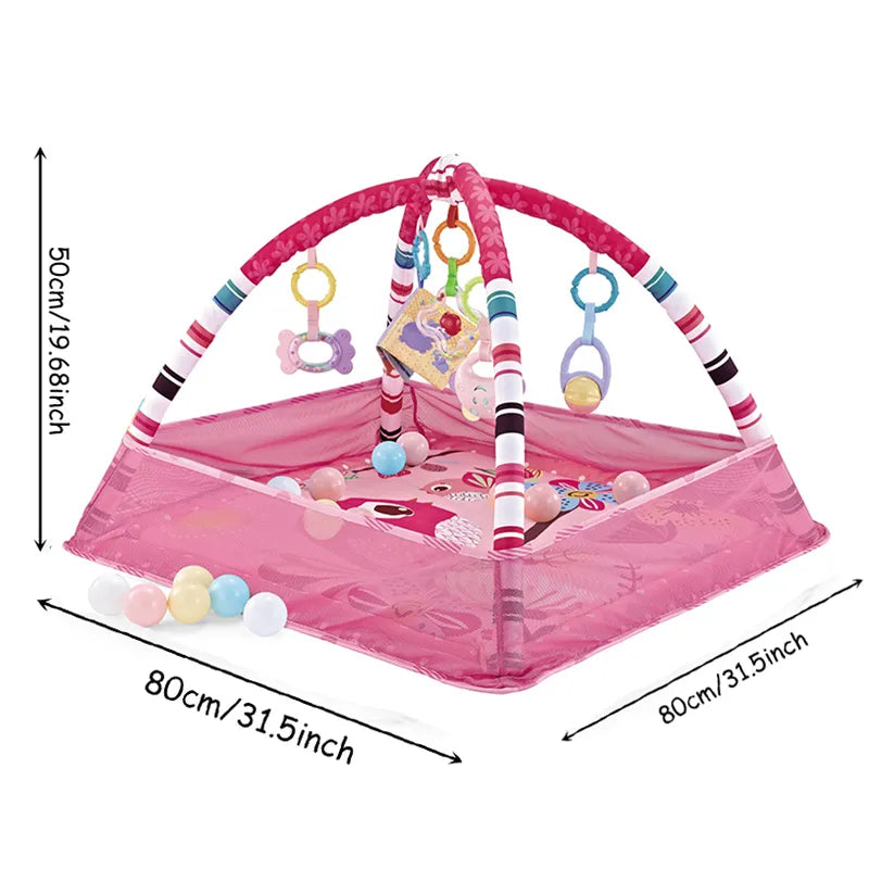 Baby play area: safety fence encompassing a large, soft, and educational crawling mat for infants.