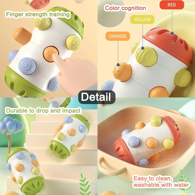 Overhead view of Baby Sensory Crawl & Grasp toy with rattles and vibrant patterns
