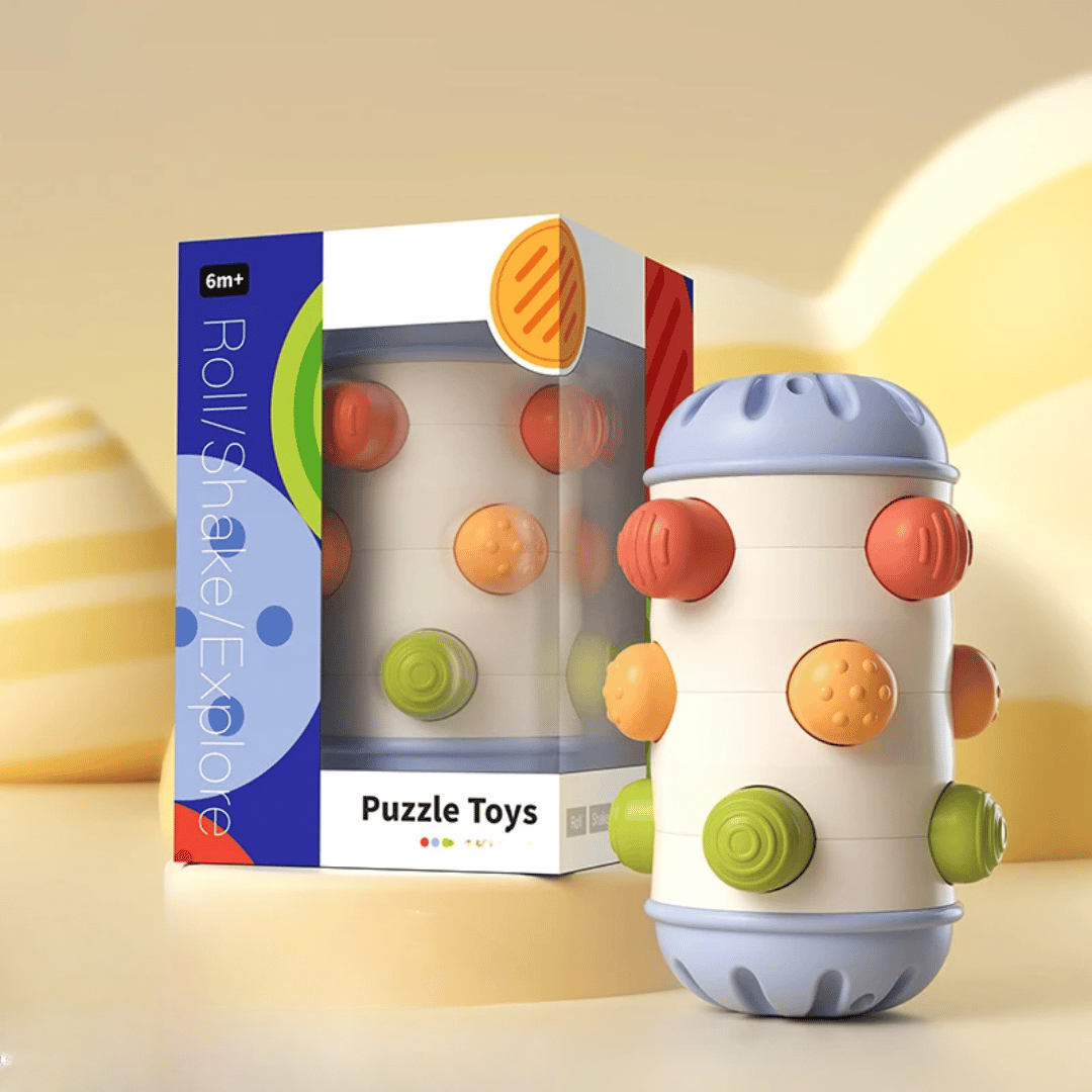 Brightly colored developmental roll toy with various textures, perfect for tummy time