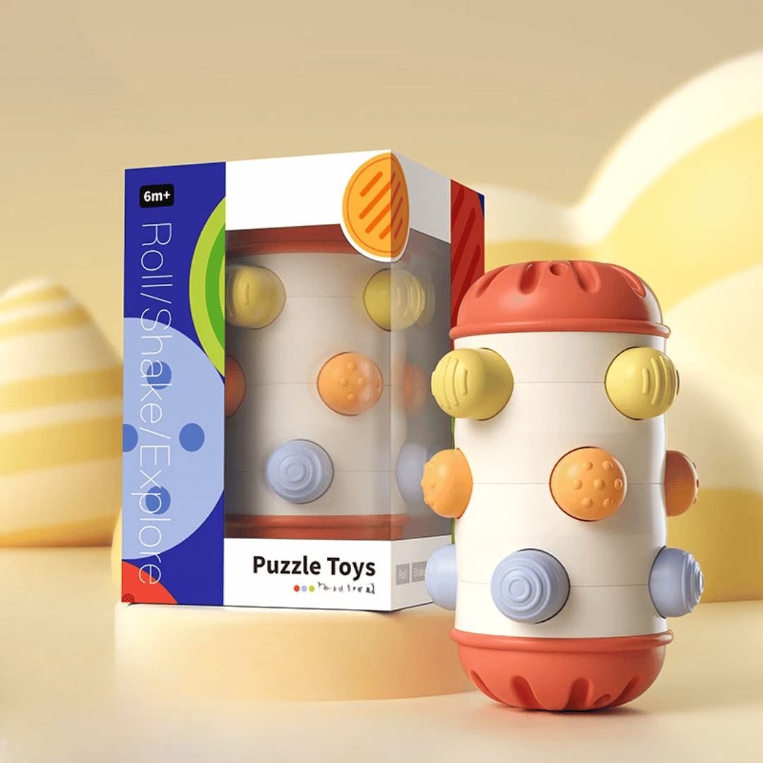 Close-up of the Baby Sensory Crawl & Grasp toy's crinkly fabric and teether elements