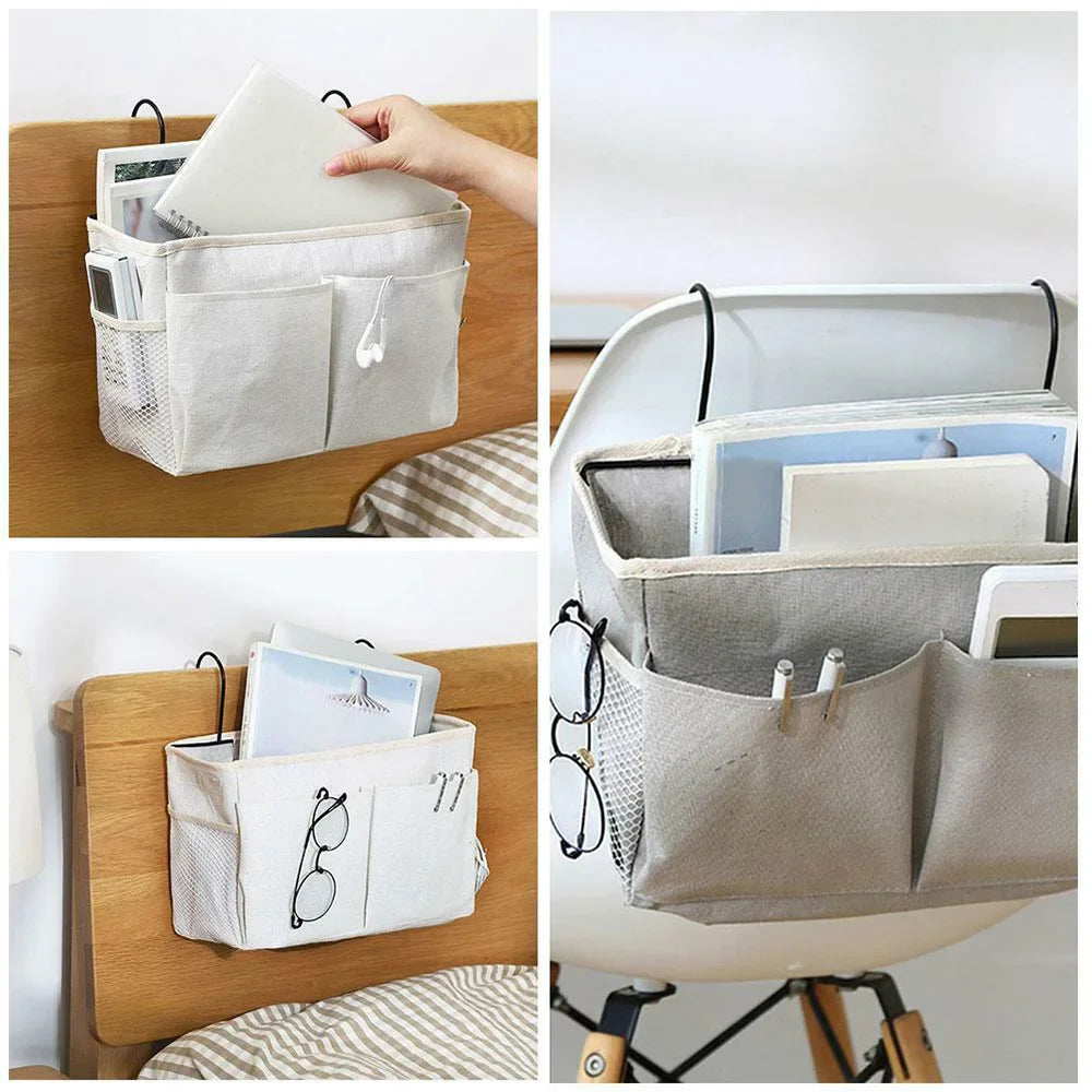 Linen fabric crib organizer, a soft and functional baby storage solution for nurseries.