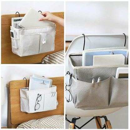 Linen fabric crib organizer, a soft and functional baby storage solution for nurseries.
