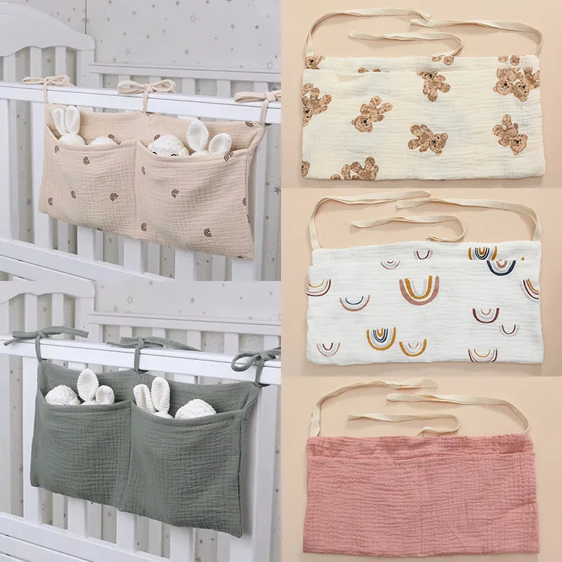 Baby crib storage bag, multifunctional cotton organizer for nursery essentials, diaper caddy.