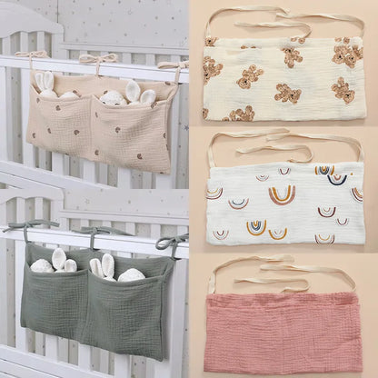 Baby crib storage bag, multifunctional cotton organizer for nursery essentials, diaper caddy.