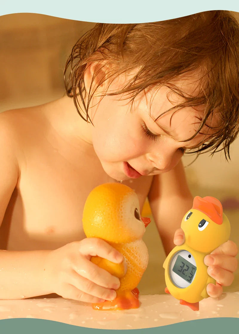 Baby digital floating bath thermometer, measures water temperature for safe baby bathing.