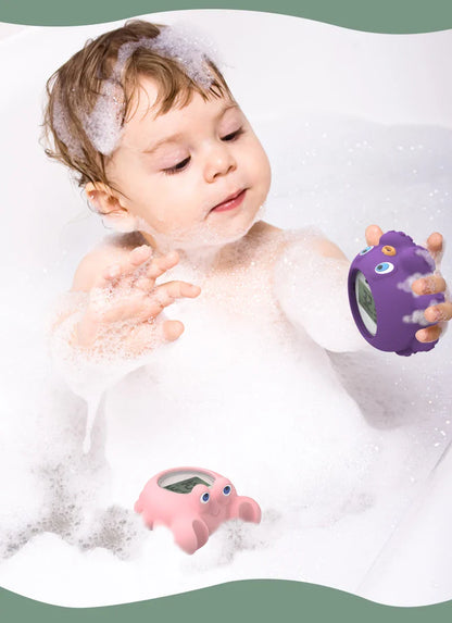 Newborn safety floating digital thermometer, monitors bath water temperature.