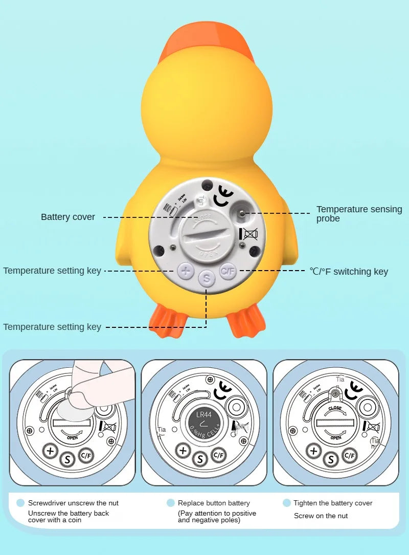 Floating bath thermometer with digital display, perfect for baby's sensitive skin.