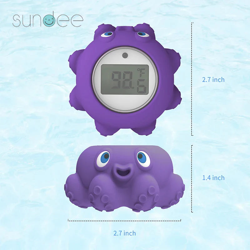 Floating digital thermometer, essential for baby bath safety and water temperature.