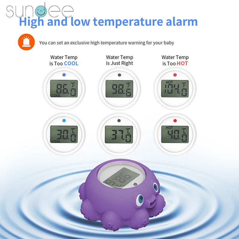 Waterproof digital thermometer for baby's bath, ensures safe water temperature.